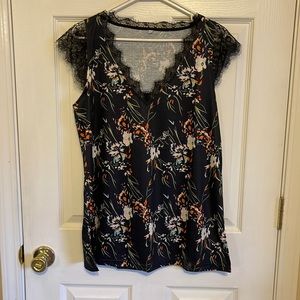 Boutique brand black floral top with lace accents